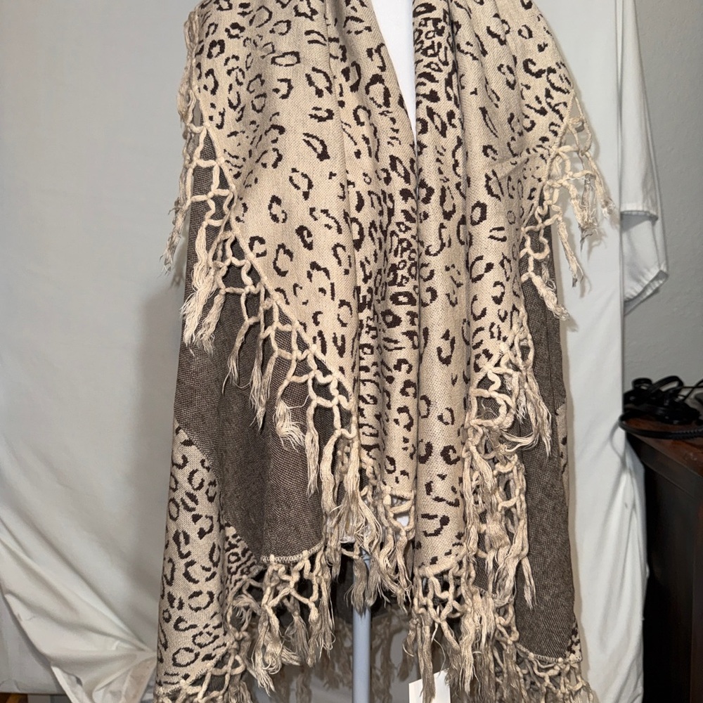 RAJ Boho Leopard Fringe Vest Duster Open Front Festival Kimono One Size NWT - Picture 2 of 9